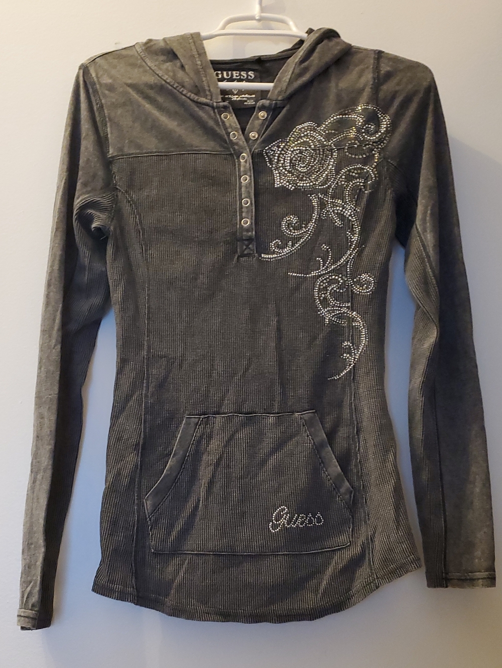 Guess Gray V-Neck Hooded Sweater with Crystal Rose Detail